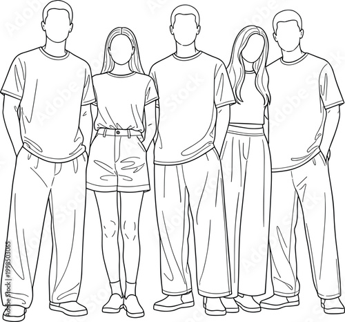 Minimalist Line Art Illustration of Five Young Diverse Friends Wearing Casual Summer Outfits Standing Together in a Modern Group Portrait Composition
