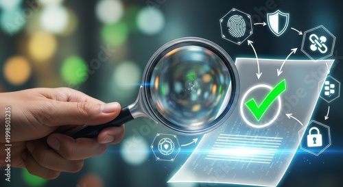Hand holding magnifying glass inspecting digital security icons on virtual screen