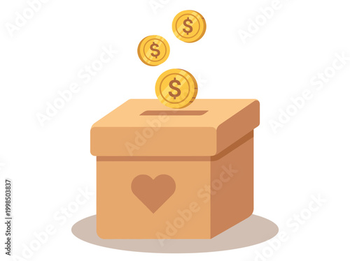 Donation box with heart icon and falling gold dollar coins, charity and fundraising concept flat vector illustration isolated on white