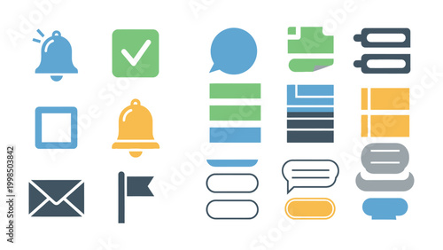 Digital Interface Elements: A collection of various icons and buttons, perfect for website design and user interfaces, with modern shapes and colors.