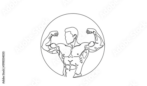 Minimalist circular vector silhouette of muscular man flexing for fitness, bodybuilding, and gym illustrations