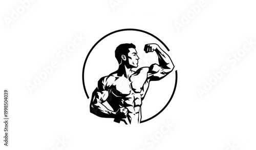 Muscular man flexing vector silhouette in circular frame for fitness, bodybuilding, and athletic designs