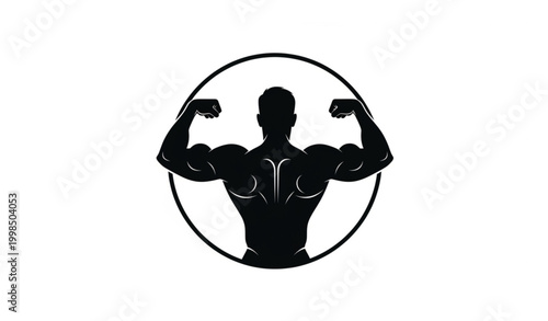 Continuous line muscular man flexing vector silhouette in circular frame for athletic and fitness designs