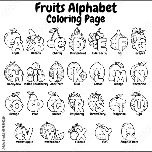 A to Z fruit alphabet learning kids coloring page bundle