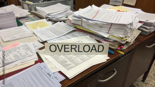 Messy Office Desk with Overloaded Paperwork and Documents Chaos