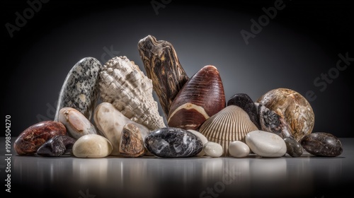 Diverse collection of natural seashells and polished river stones are arranged against a dark background.