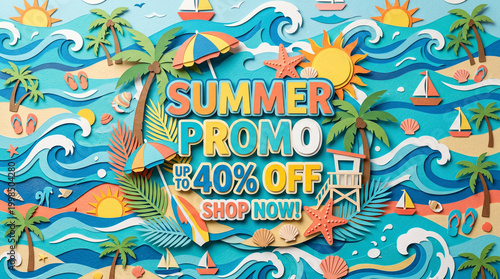 Summer promo text with paper cut wave and beach elements summer sale concept banner