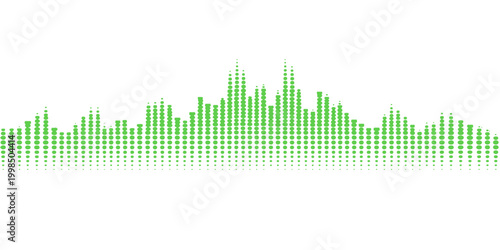 An abstract green music background featuring a digital sound wave equalizer and vector technology lines that blend audio recording design with a modern business market finance chart illustration