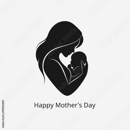Happy mothers day vector silhouette of mother holding newborn baby in arms with minimalist black and white design for greeting card or banner illustration celebrating maternal bond and love.