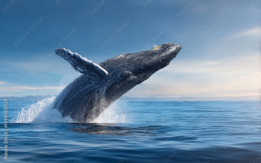 Naklejka premium Massive Whale Breaching Vertically from Ocean Surface in Beautiful Sunrise Scene