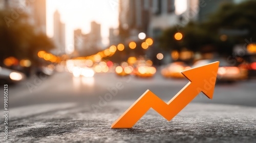 Orange arrow symbolizing growth on urban street with bokeh background