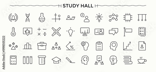 Study And School line icon set. Includes symbols for student, learning, learn, book and more. Class simple icon set. Line symbol and sign. Art and illustration.