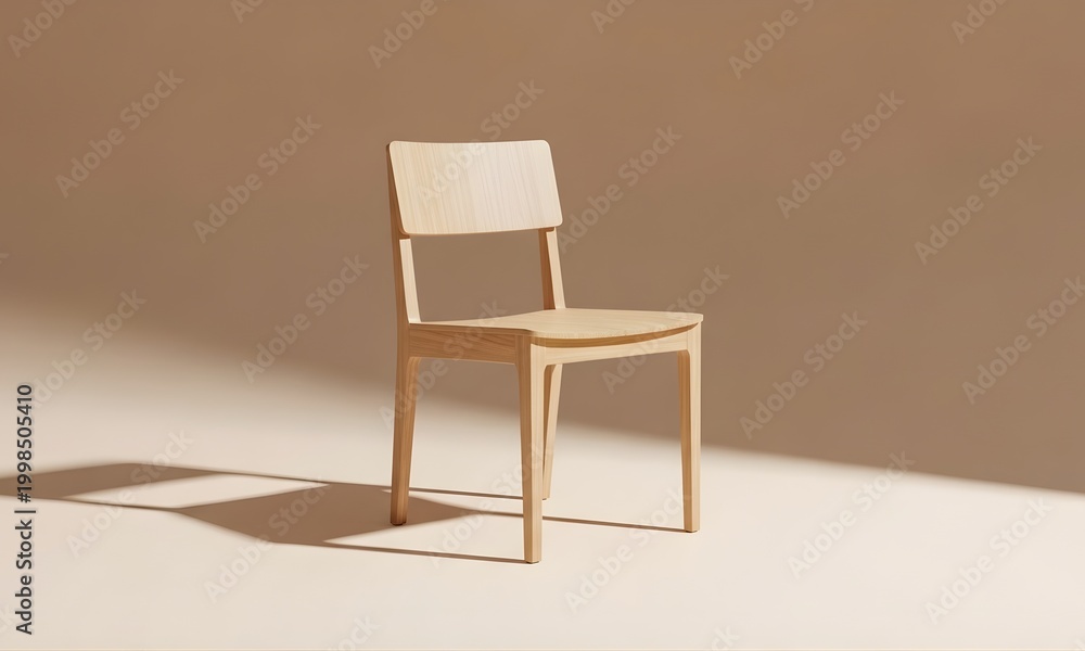Fototapeta premium Modern Minimalist Light Wooden Dining Chair on a Warm Beige Background with Dramatic Hard Sunlight and Shadows