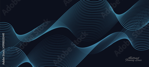 A dynamic and abstract digital design with flowing blue waveforms against a dark background,smooth, curving lines and dotted patterns that create a sense of movement and energy. Eps10