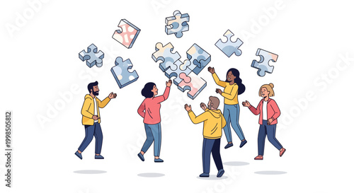 Diverse people assembling puzzle pieces together teamwork