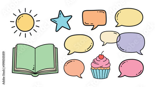 Creative Thoughts: An array of vibrant speech bubbles and thematic illustrations come together to inspire thoughts and imagination. This image is perfect for adding creativity to any project.