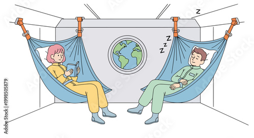People relaxing in space station hammocks on Earth orbit