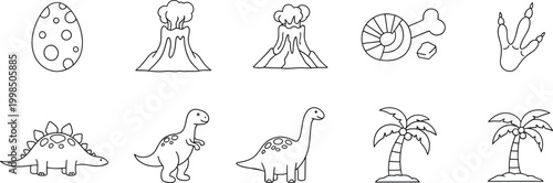 Set of dinosaur-themed line art icons including volcanoes, eggs, and prehistoric animals