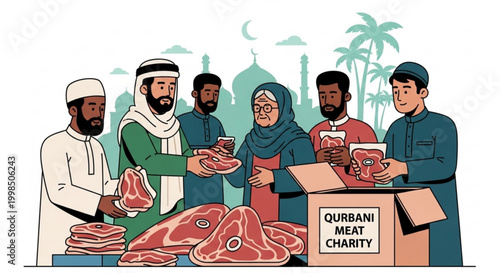 Muslim community sharing Qurbani meat charity Eid al-Adha tradition people distributing food illustration for Islamic holidays