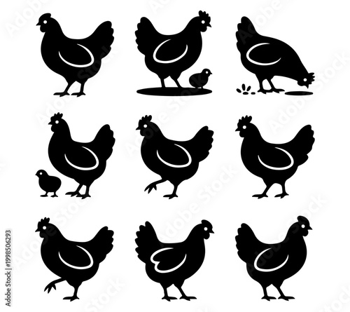 Black Chicken Silhouette Collection Vector Set