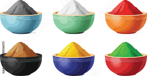 Bowls of Colorful Powdered Spices in Various Colors in Vector Illustration"