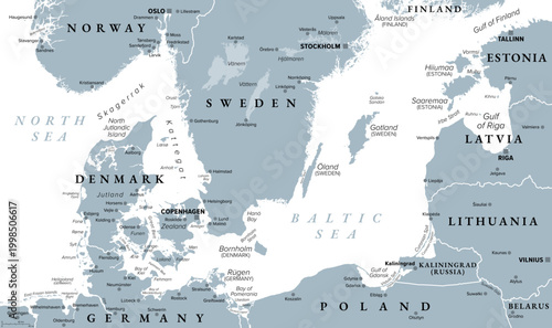 Danish straits and southern Baltic Sea, gray political map. Belts and sounds in Denmark, international waterways, connecting the Baltic Sea through Kattegat and Skagerrak to the North Sea. Vector