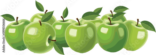 Green Apples with Leaves in Cluster in Vector Illustration"