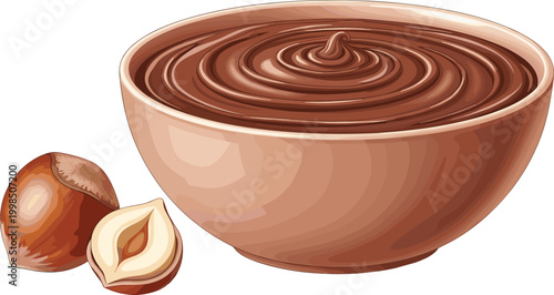 Bowl of Hazelnut Chocolate Spread with Whole and Cracked Hazelnuts in Vector Illustration"