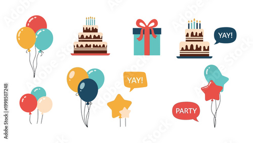 Celebration Elements in Festive: A collection of festive elements featuring balloons, gift, cake, speech bubble, capturing the spirit of celebration and joy.
