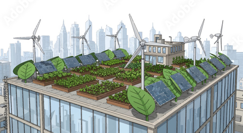 Eco friendly sustainable rooftop garden with solar panels and wind turbines in city