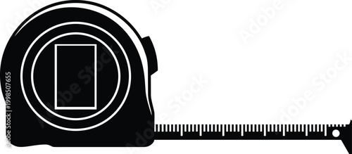 Black Silhouette of a Tape Measure with Extended Metal Blade on White Background measuring tape tool