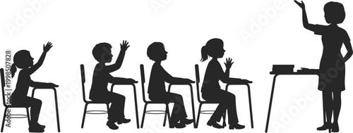 Black Silhouettes of Teacher and Students in a Classroom Setting with Hands Raised children
