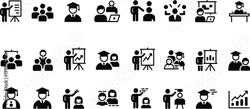 Collection of black education and business meeting icons on white background learning teaching