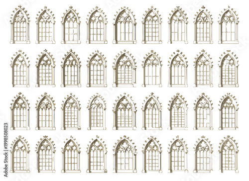 Set of Gothic Window Arches with Medieval Stone Tracery Isolated on White Background