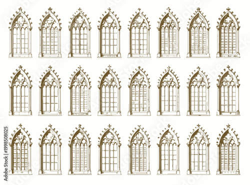 Set of Gothic Window Frames with Ornate Tracery and Pointed Arches Isolated on White Background