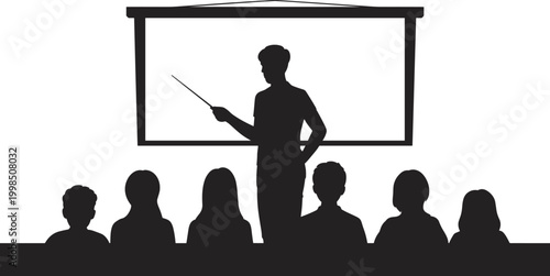 Silhouette of a presenter pointing at a projection screen with an audience in front teacher speaker