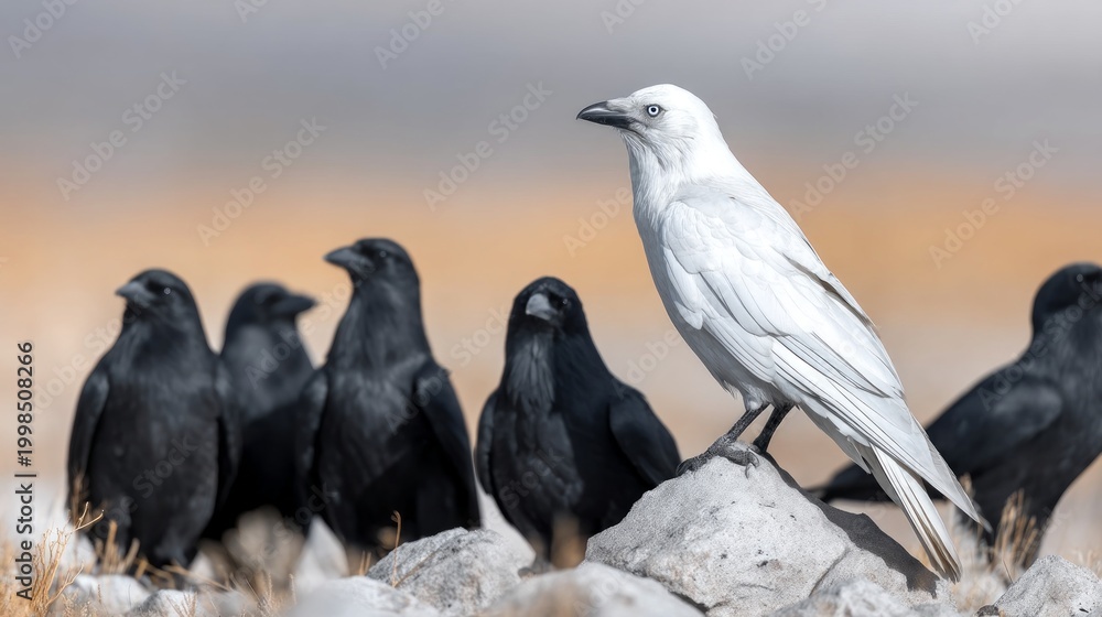 Fototapeta premium White Raven Surrounded by Black Ravens in Natural Setting