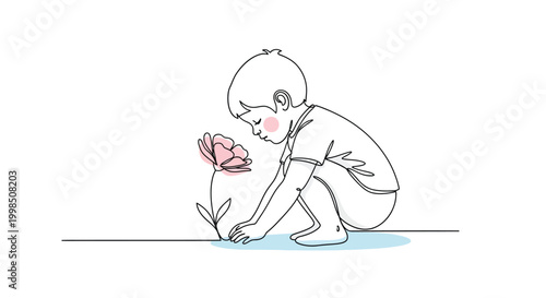 Cute little child planting flower in garden minimal line art illustration concept of nature care growth environment and childhood innocence