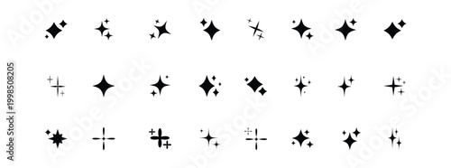 Sparkle and Twinkle Star Icon Set with Shining Light Effects in Black Solid Style Vector Set