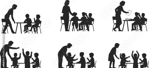 Six Silhouettes Depicting Teachers Interacting with Students in a Classroom Setting school education