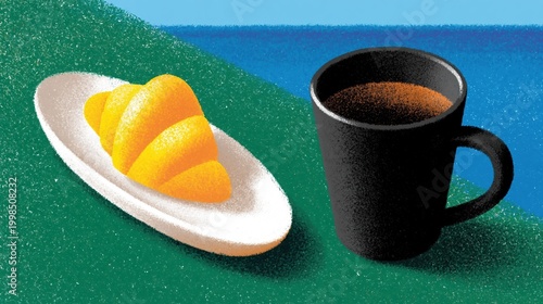 Coffee and croissant breakfast by the sea feeling relaxed on a sunny morning abstract illustration