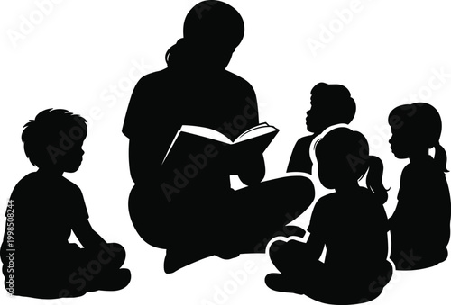 Teacher Reading a Book to a Group of Children Silhouettes Keywords: teacher reading book children group silhouette education learning story time classroom school