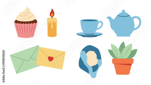 Cozy Comforts: A delightful assortment of comforting elements, from a cupcake to an envelope, evoke feelings of peace and serenity.