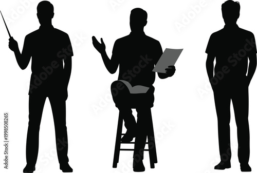 Three Black Silhouettes of Men One Standing with Pointer One Sitting with Paper One Standing with Hands in Pockets