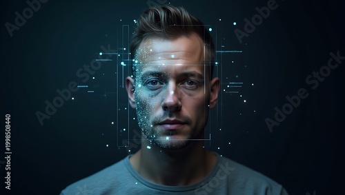 Man with futuristic facial recognition technology on his face looking forward