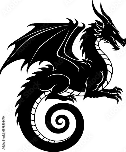 Black dragon, mythical creature, fantasy animal, vector illustration, monster, beast