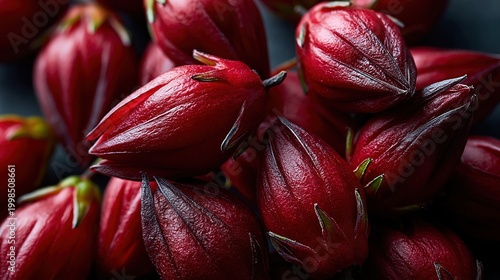 Roselle calyces showing vibrant red color and fresh texture for herbal tea and healthy drinks