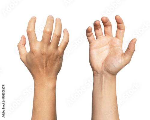 Close up man hands showing palm and back of hand isolated on white background. Man hands with crooked fingers