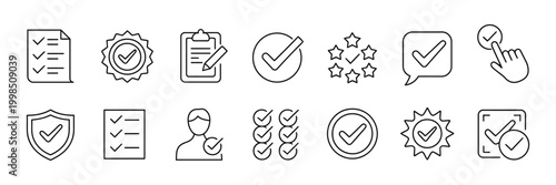 Checkmark thin line icon set featuring approve, confirm, completed and correct symbols, vector illustration for ui, exam, survey and validation concepts.