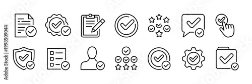 Checkmark thin line icon set featuring approve, confirm, completed and correct symbols, vector illustration for ui, exam, survey and validation concepts.
